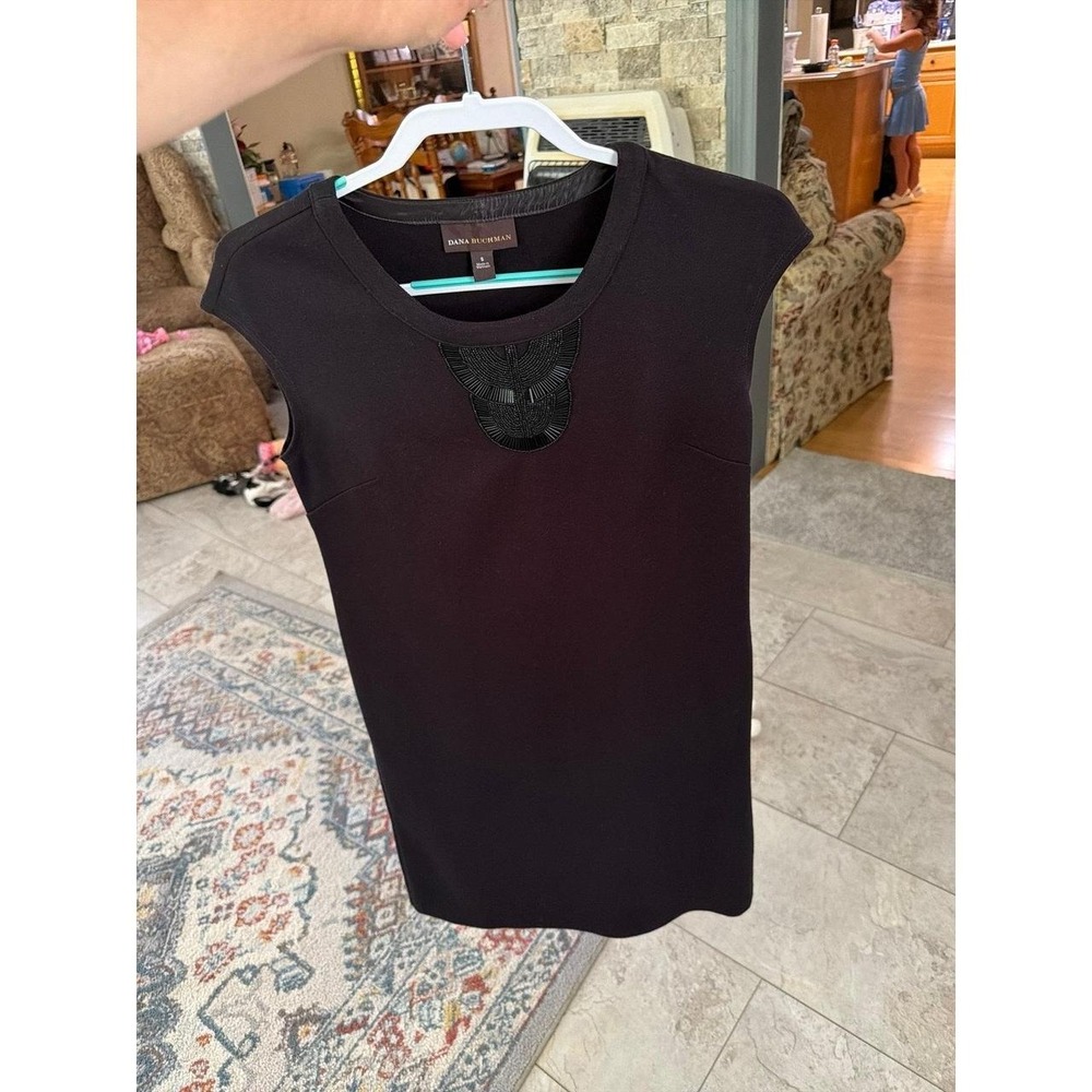 Dana Buchman Black Beaded Neckline Cap Sleeve Dress Small